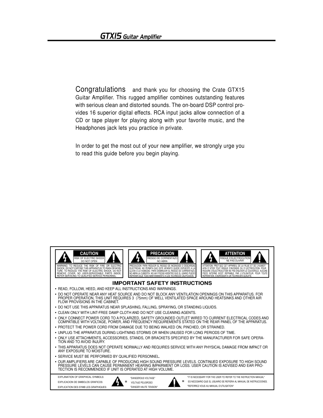 Crate Amplifiers manual GTX15 Guitar Amplifier, Important Safety Instructions 