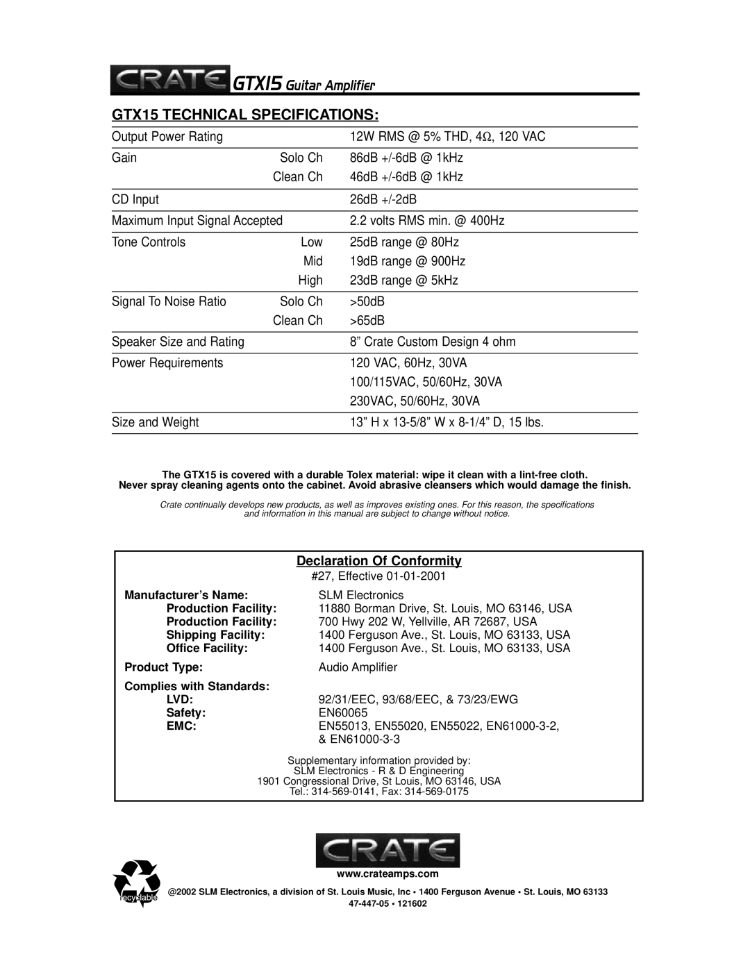 Crate Amplifiers GTX15 manual Declaration Of Conformity, Lvd, Emc 