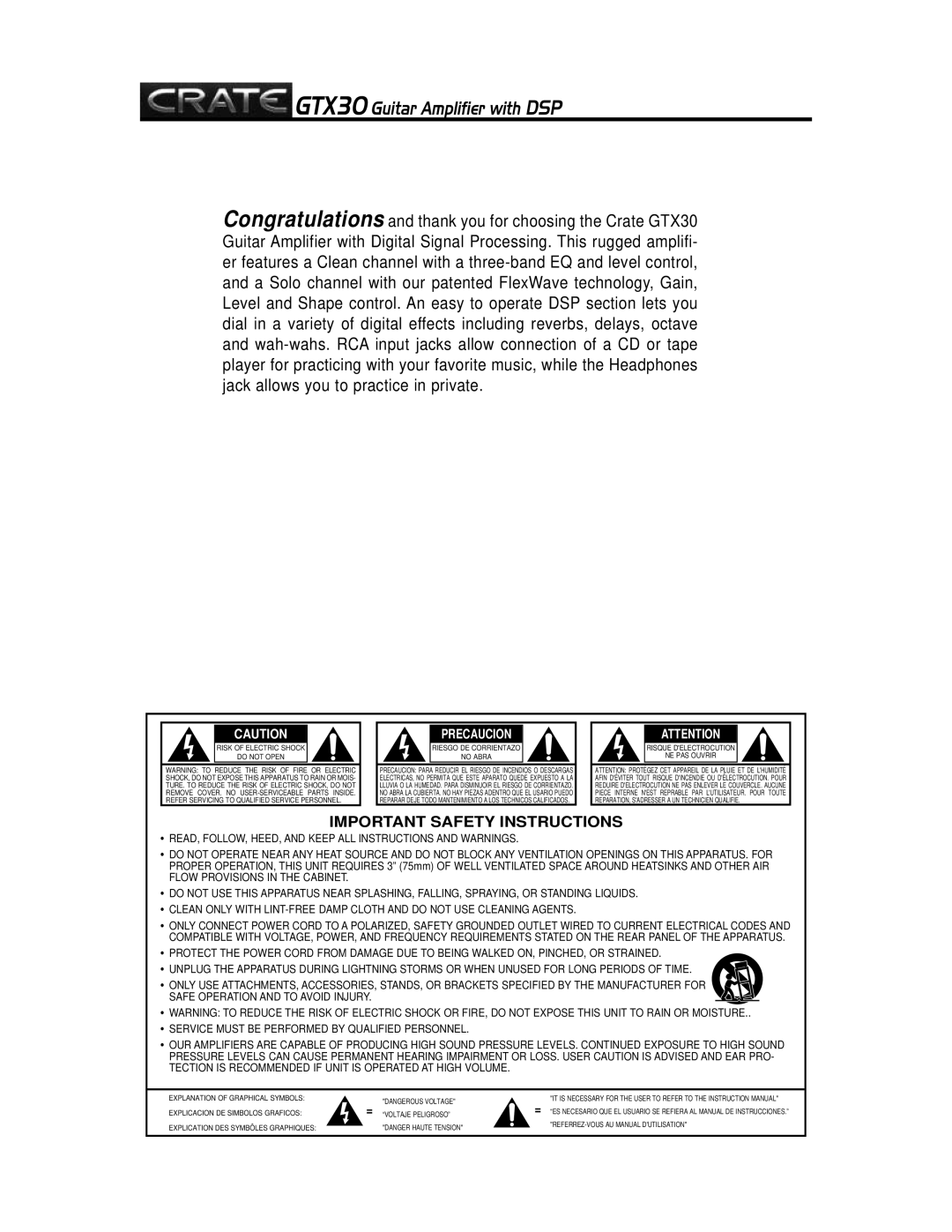 Crate Amplifiers manual GTX30 Guitar Amplifier with DSP, Important Safety Instructions 