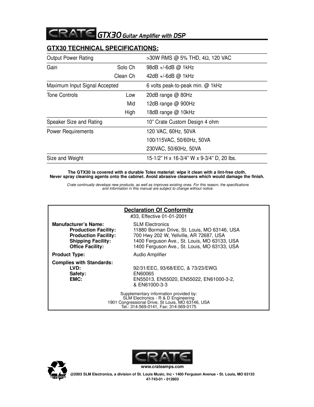 Crate Amplifiers GTX30 manual Declaration Of Conformity, Lvd, Emc 