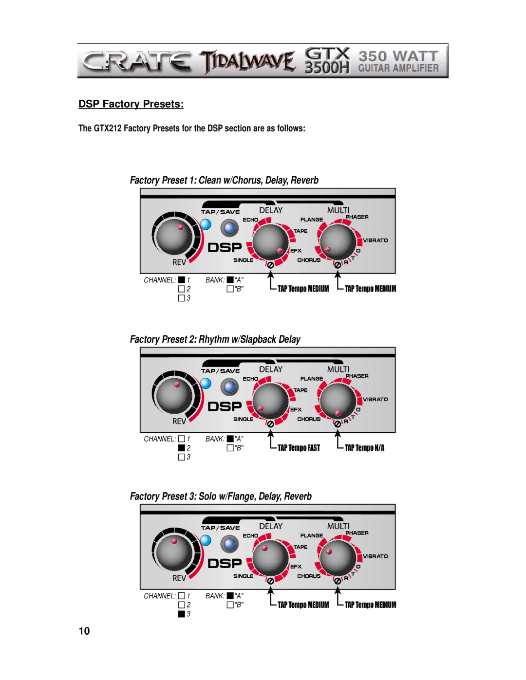 Crate Amplifiers GTX3500H manual DSP Factory Presets, Factory Preset 3 Solo w/Flange, Delay, Reverb 