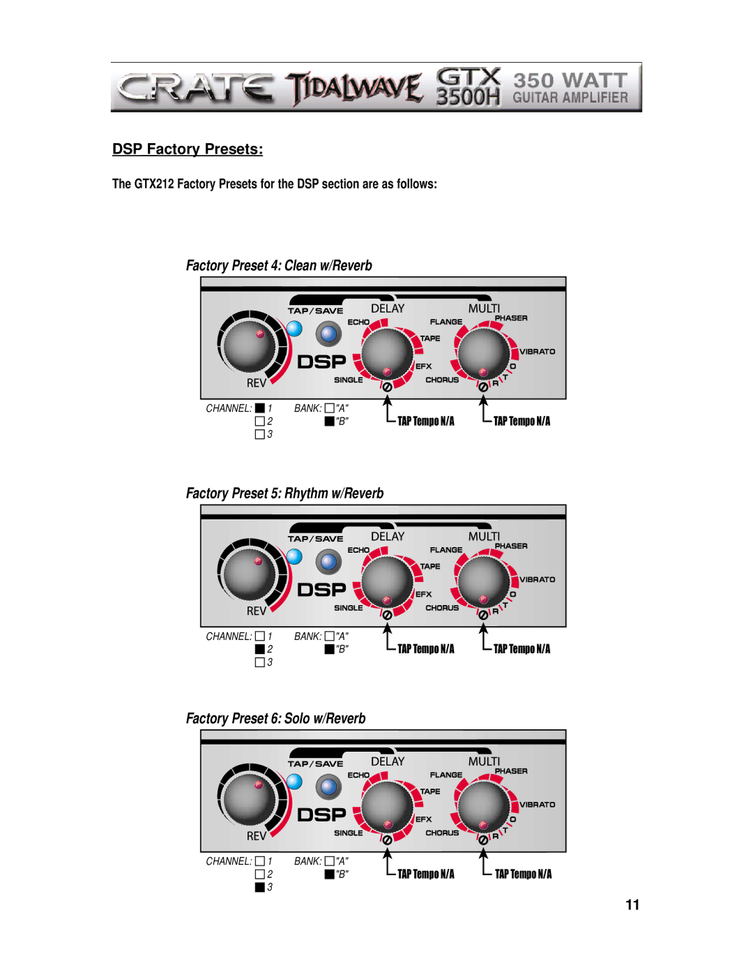 Crate Amplifiers GTX3500H manual Factory Preset 4 Clean w/Reverb 