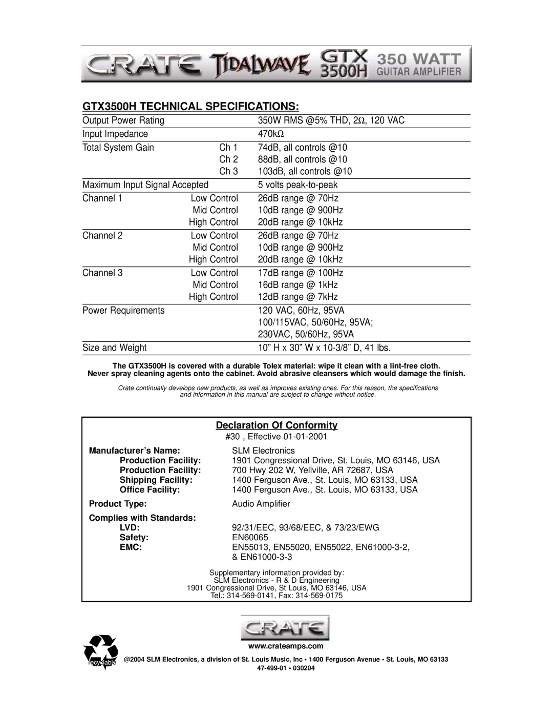 Crate Amplifiers manual GTX3500H Technical Specifications 