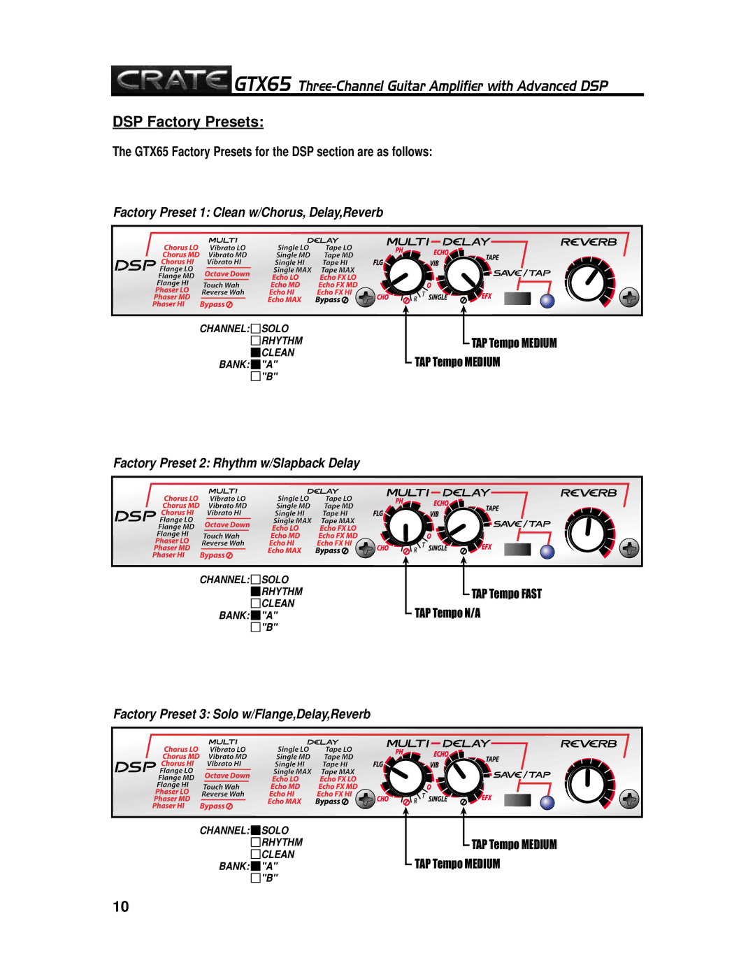 Crate Amplifiers GTX65 manual DSP Factory Presets 