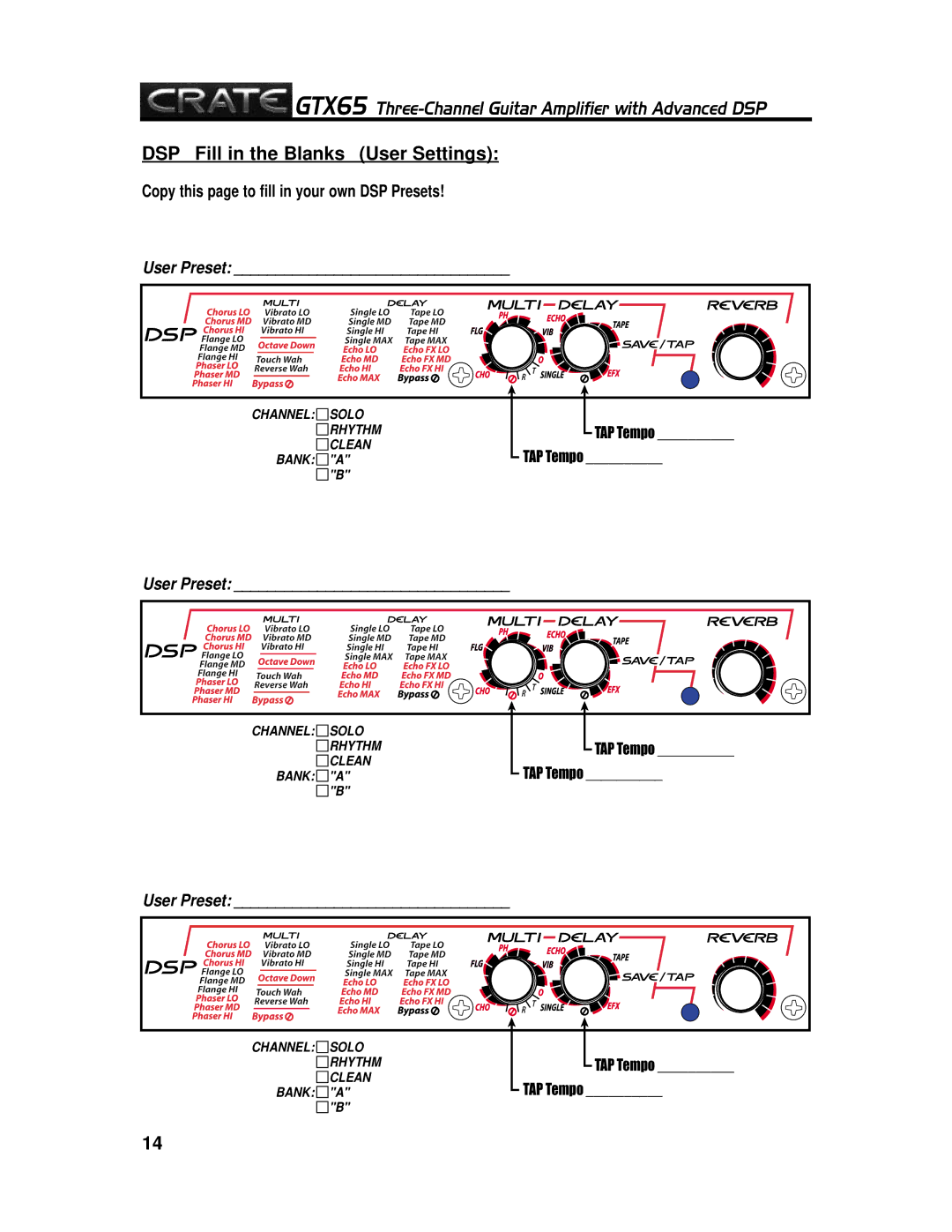 Crate Amplifiers GTX65 manual DSP Fill in the Blanks User Settings 