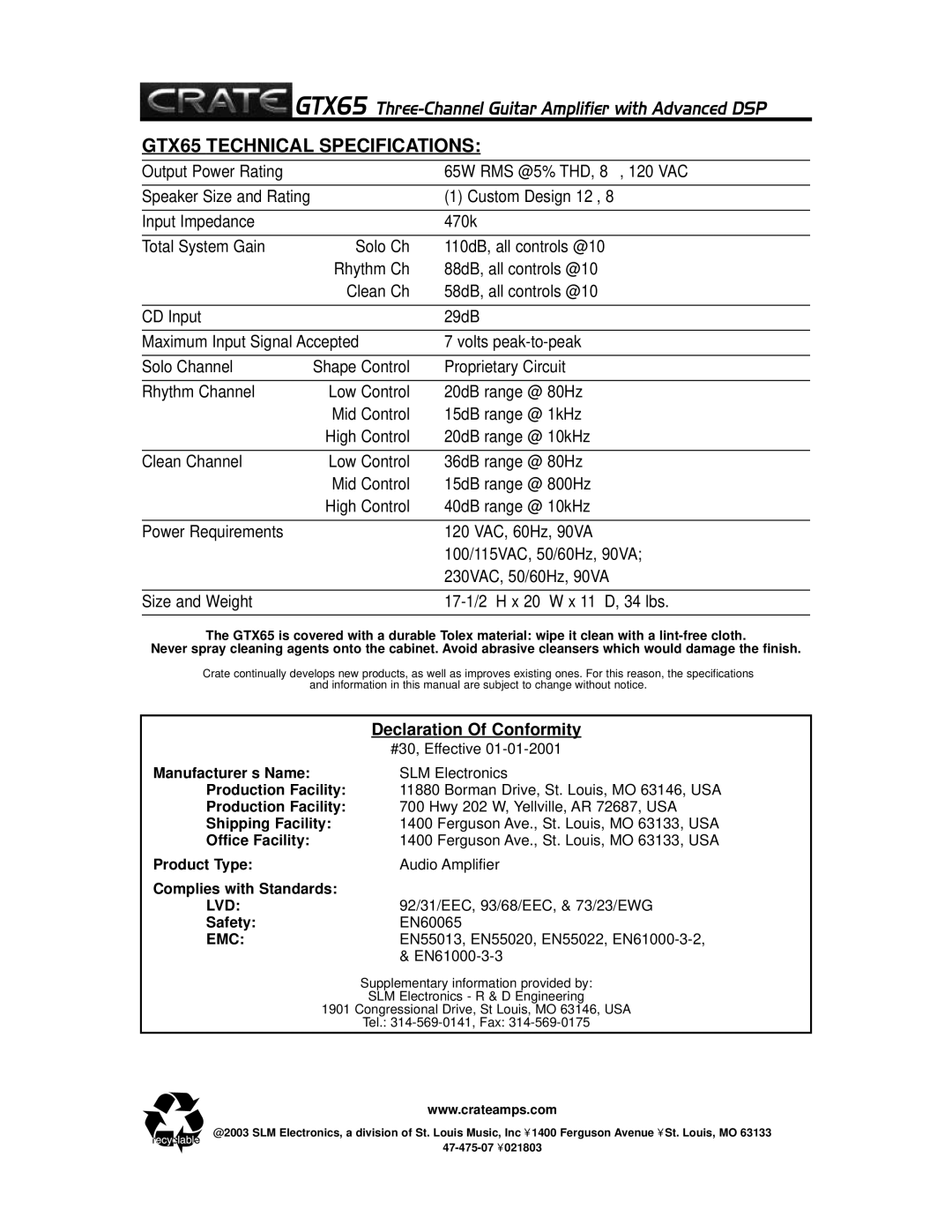 Crate Amplifiers manual GTX65 Technical Specifications 