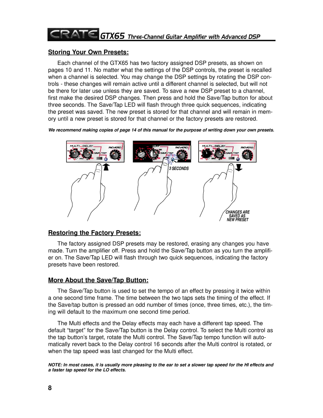 Crate Amplifiers GTX65 manual Storing Your Own Presets, Restoring the Factory Presets, More About the Save/Tap Button 