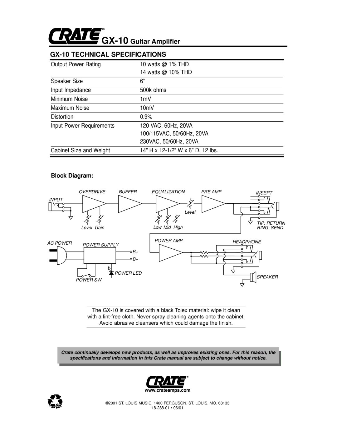 Crate Amplifiers owner manual GX-10 Technical Specifications 