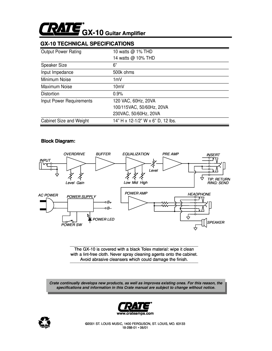 Crate Amplifiers owner manual GX-10TECHNICAL SPECIFICATIONS, GX-10 Guitar Amplifier, Block Diagram 