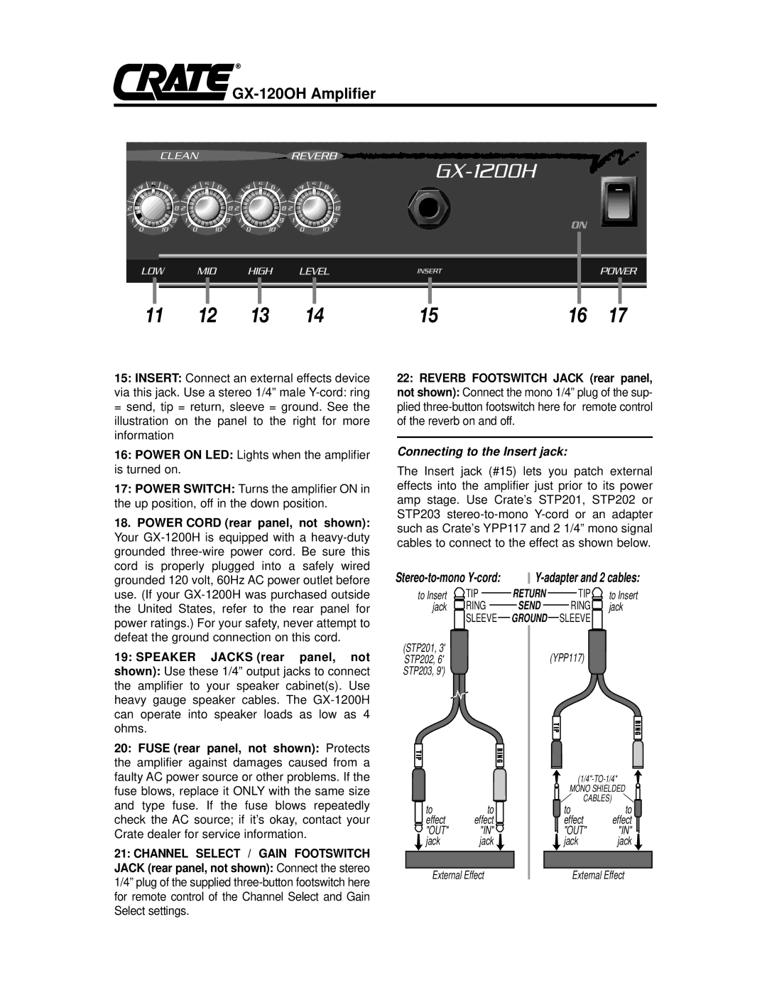 Crate Amplifiers GX-1200H owner manual Connecting to the Insert jack 