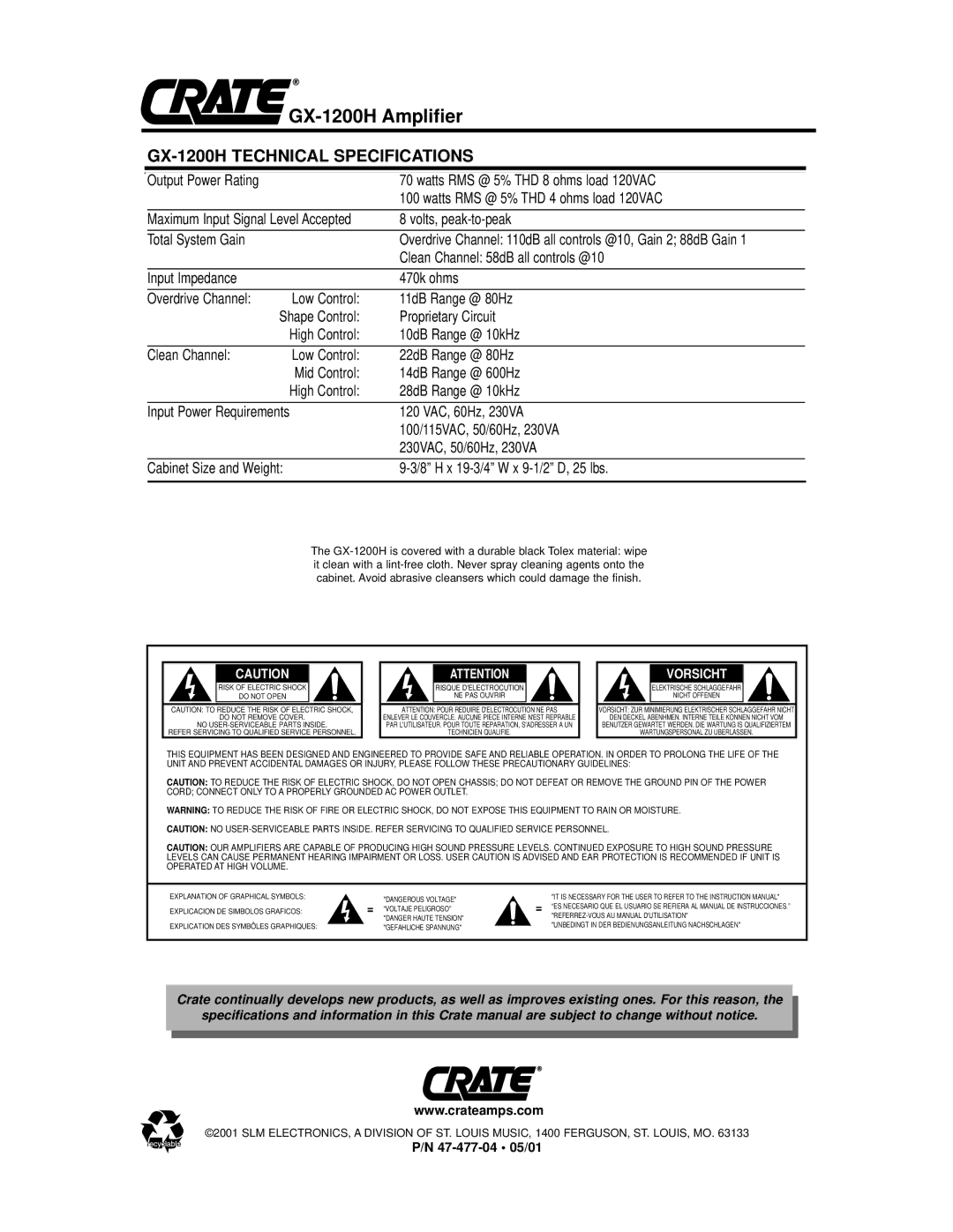 Crate Amplifiers owner manual GX-1200H Amplifier, GX-1200H Technical Specifications 