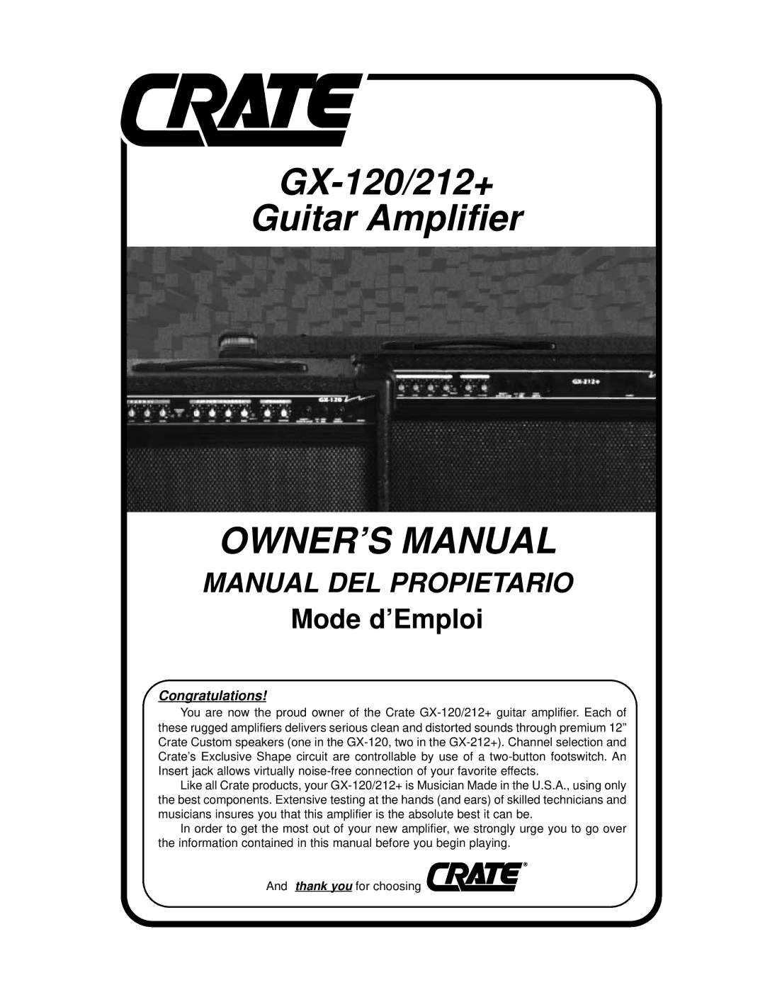 Crate Amplifiers owner manual GX-120/212+ Guitar Amplifier 