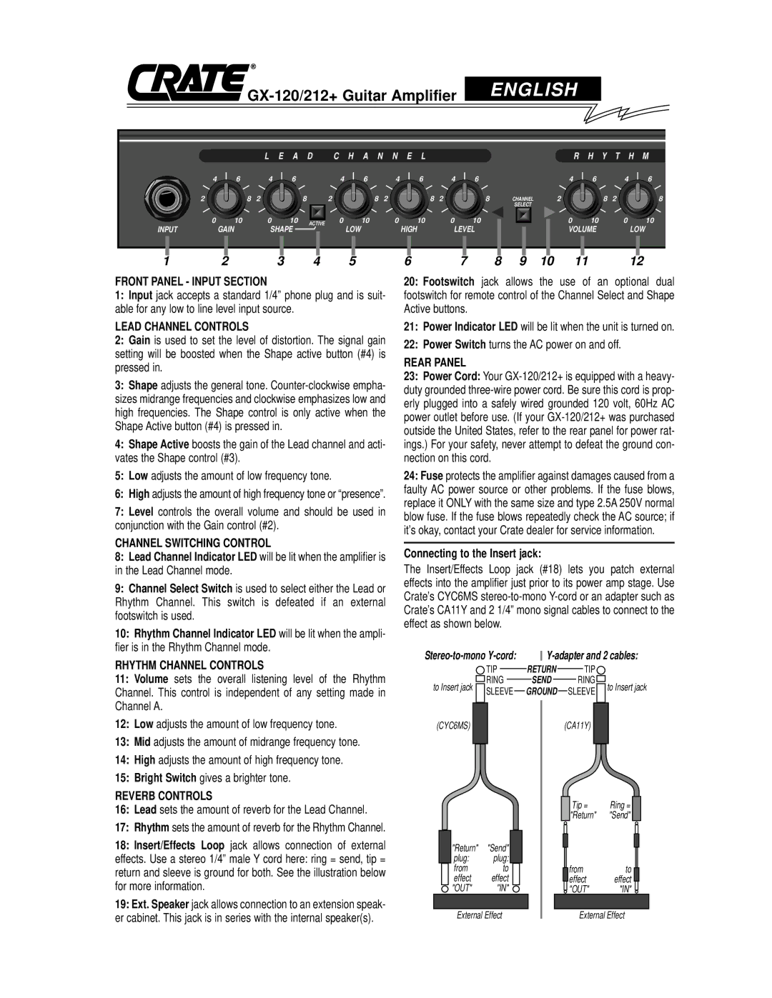 Crate Amplifiers owner manual GX-120/212+ Guitar Amplifier English 