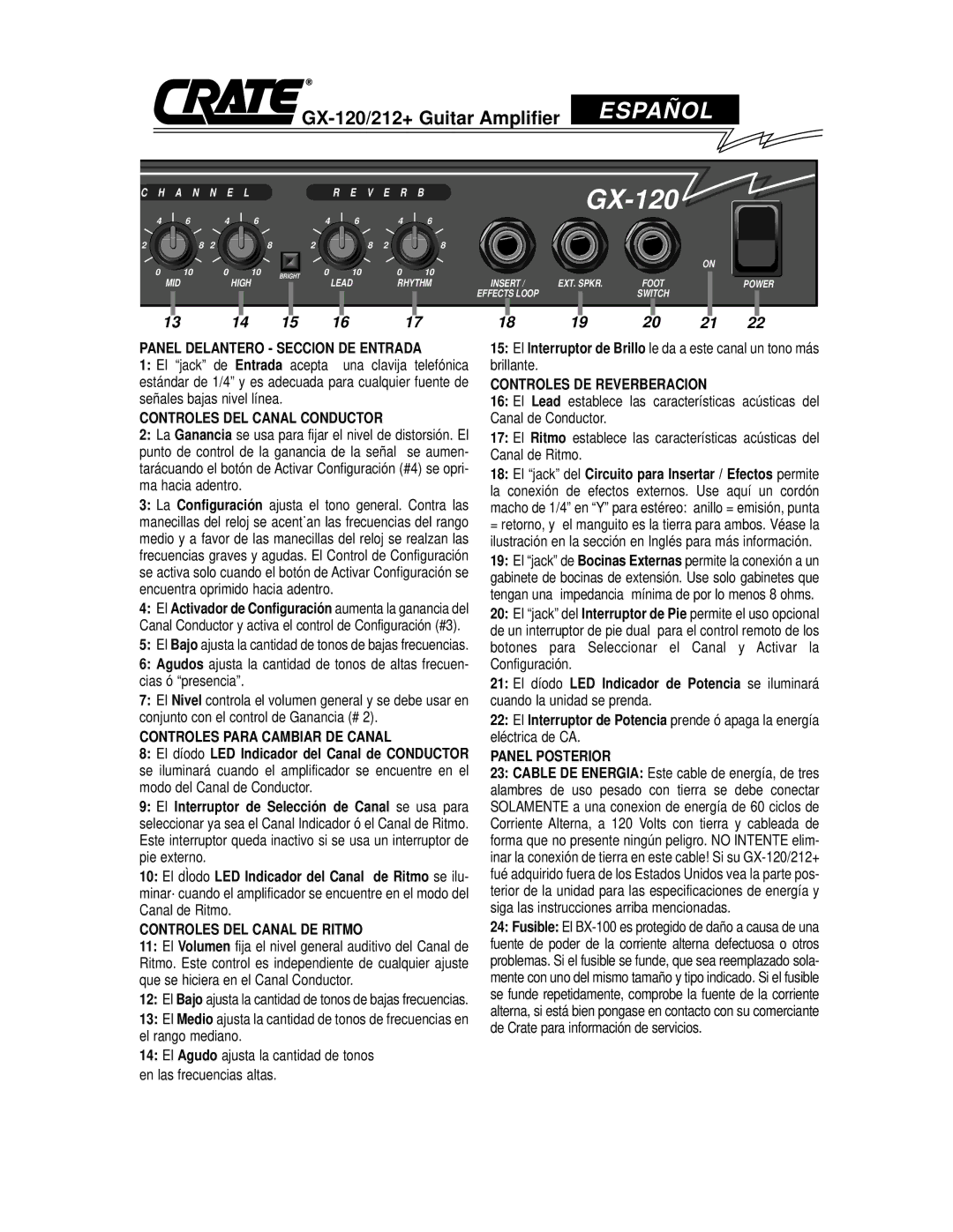 Crate Amplifiers owner manual GX-120/212+ Guitar Amplifier Españ OL 