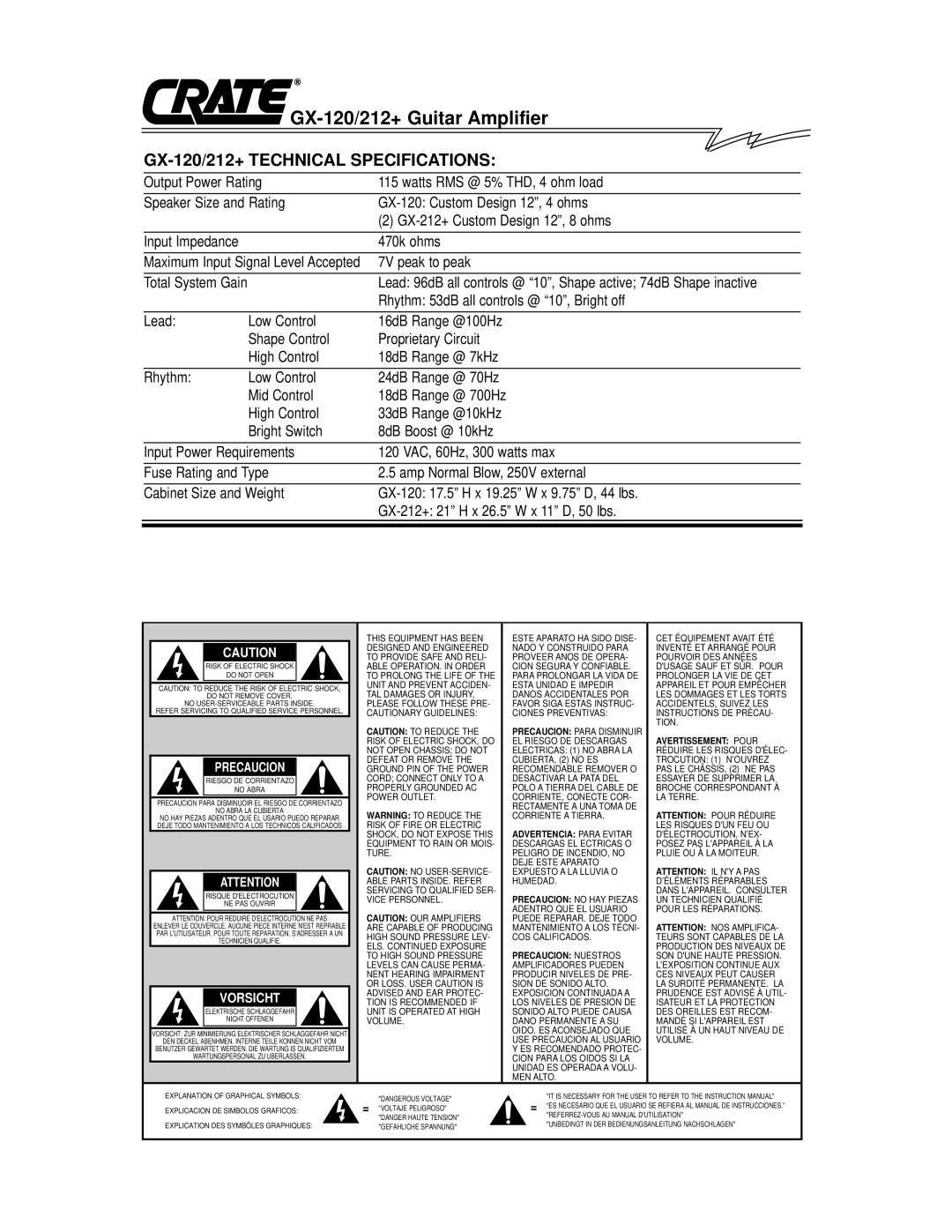 Crate Amplifiers owner manual GX-120/212+ Guitar Amplifier, GX-120/212+ Technical Specifications 