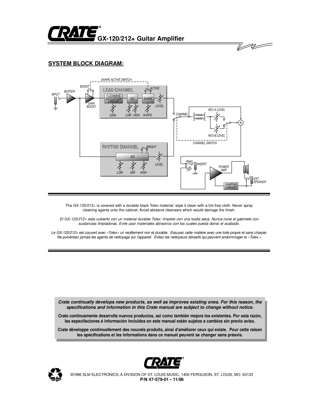 Crate Amplifiers GX-120/212+ owner manual System Block Diagram, Lead Channel 