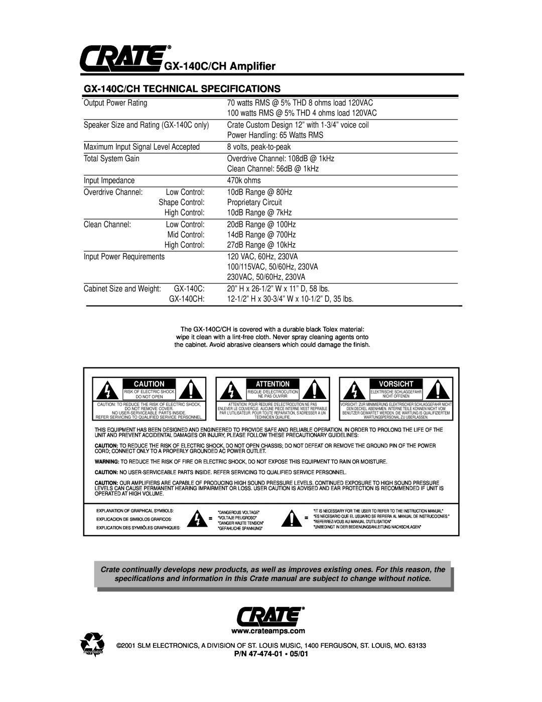 Crate Amplifiers GX-140CH owner manual GX-140C/CHTECHNICAL SPECIFICATIONS, GX-140C/CHAmplifier 