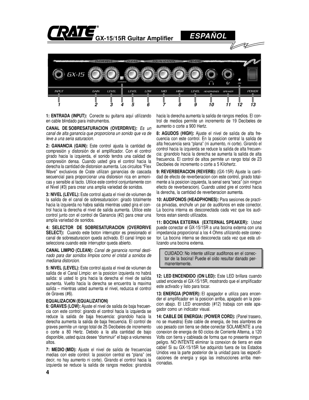 Crate Amplifiers GX-15R owner manual Españ OL, Equalizacion Equalization 