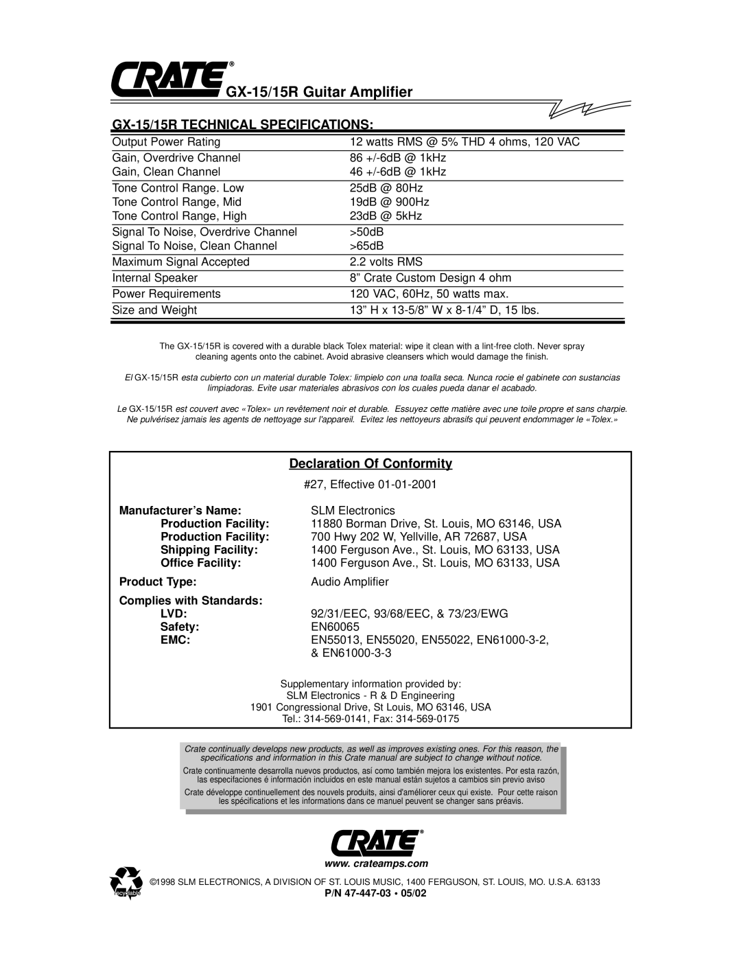 Crate Amplifiers GX-15R owner manual Lvd, Emc 