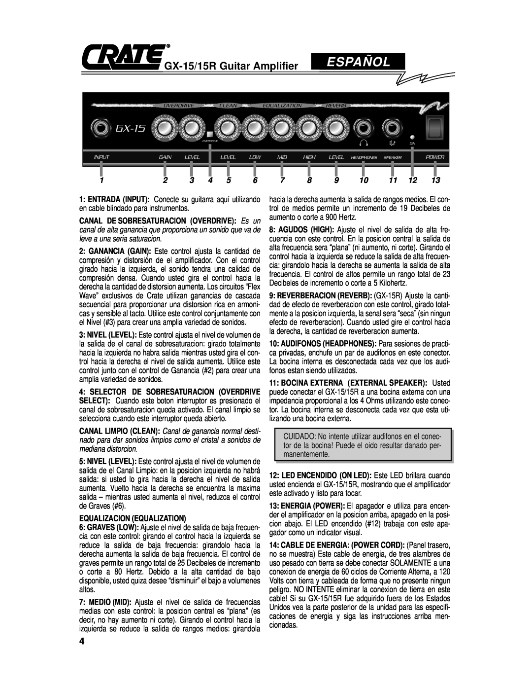 Crate Amplifiers GX-15R owner manual Españ Ol, Equalizacion Equalization 