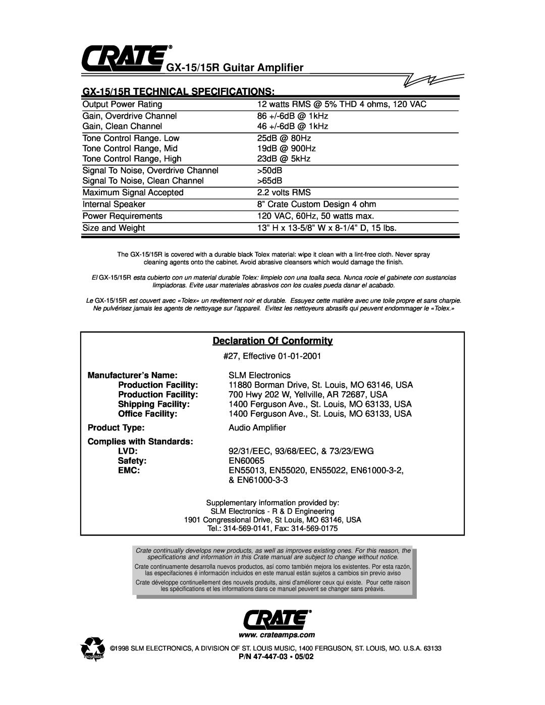 Crate Amplifiers GX-15R owner manual GX-15/15R TECHNICAL SPECIFICATIONS, Declaration Of Conformity 