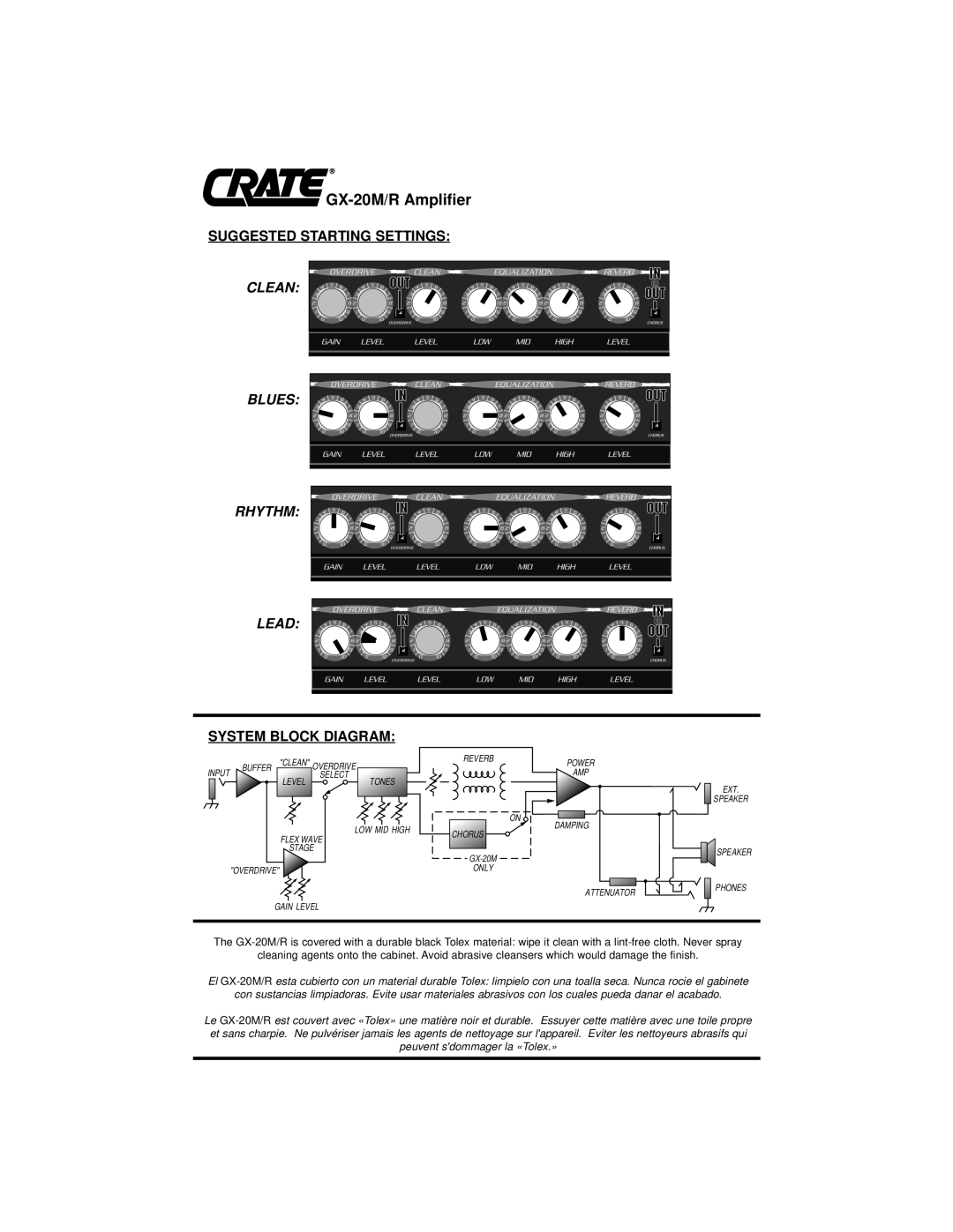 Crate Amplifiers GX-20M /R owner manual Suggested Starting Settings, System Block Diagram 