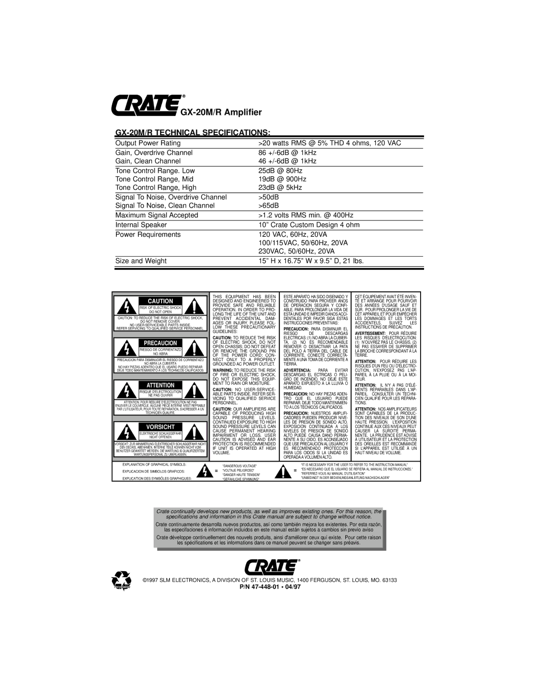 Crate Amplifiers GX-20M /R owner manual GX-20M/R Technical Specifications, Precaucion 