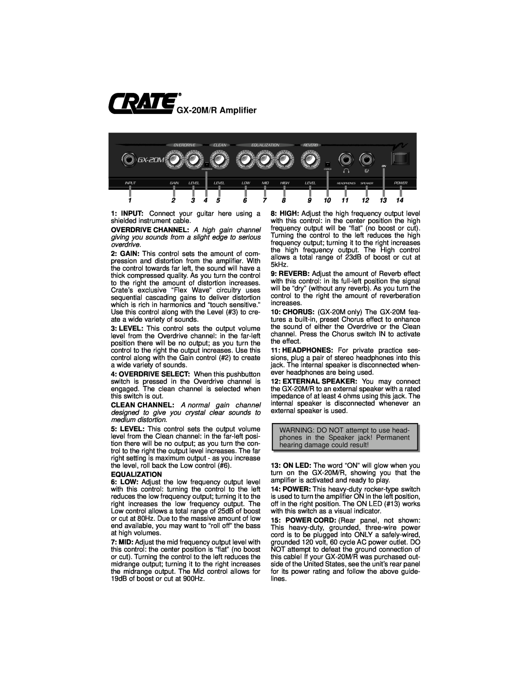 Crate Amplifiers GX-20M /R owner manual GX-20M/RAmplifier, Equalization 