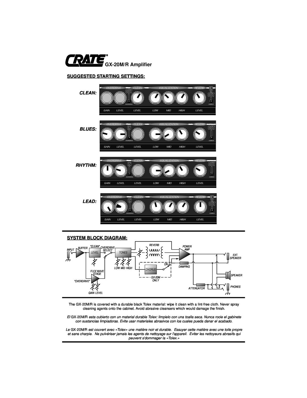 Crate Amplifiers GX-20M /R Suggested Starting Settings, Clean, Blues Rhythm Lead, System Block Diagram, GX-20M/RAmplifier 