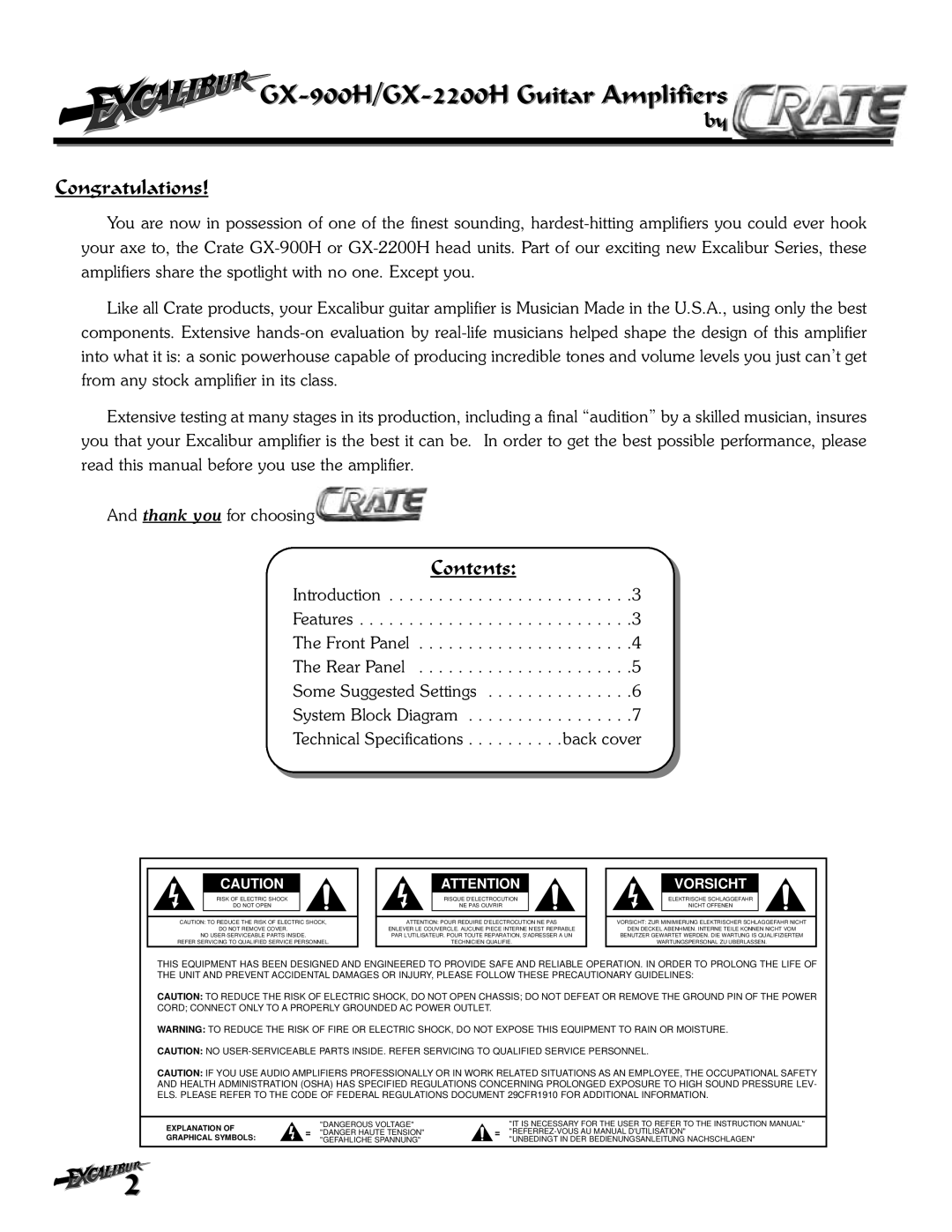 Crate Amplifiers owner manual GX-900H/GX-2200H Guitar Amplifiers, Congratulations, Contents 