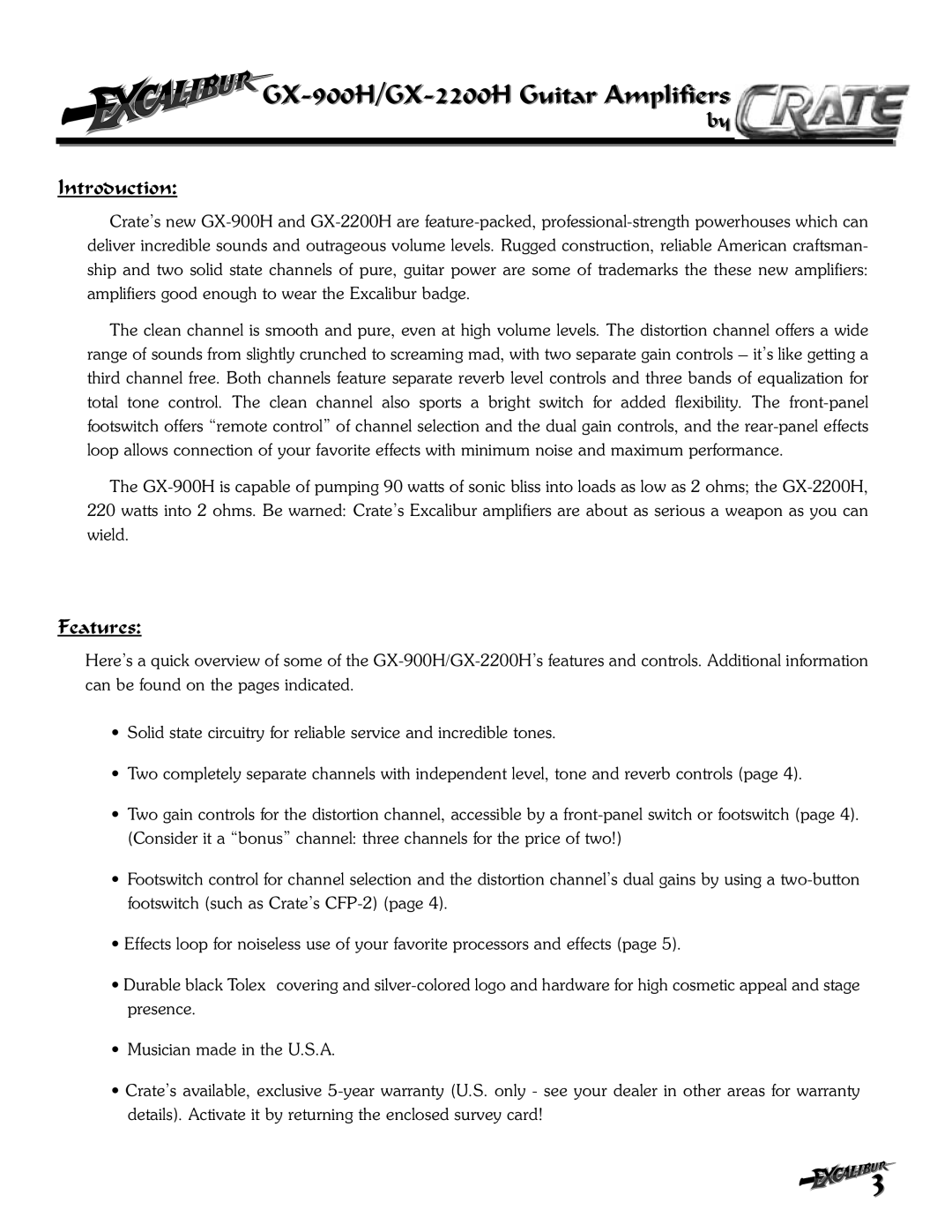 Crate Amplifiers GX-900H, GX-2200H owner manual Introduction, Features 