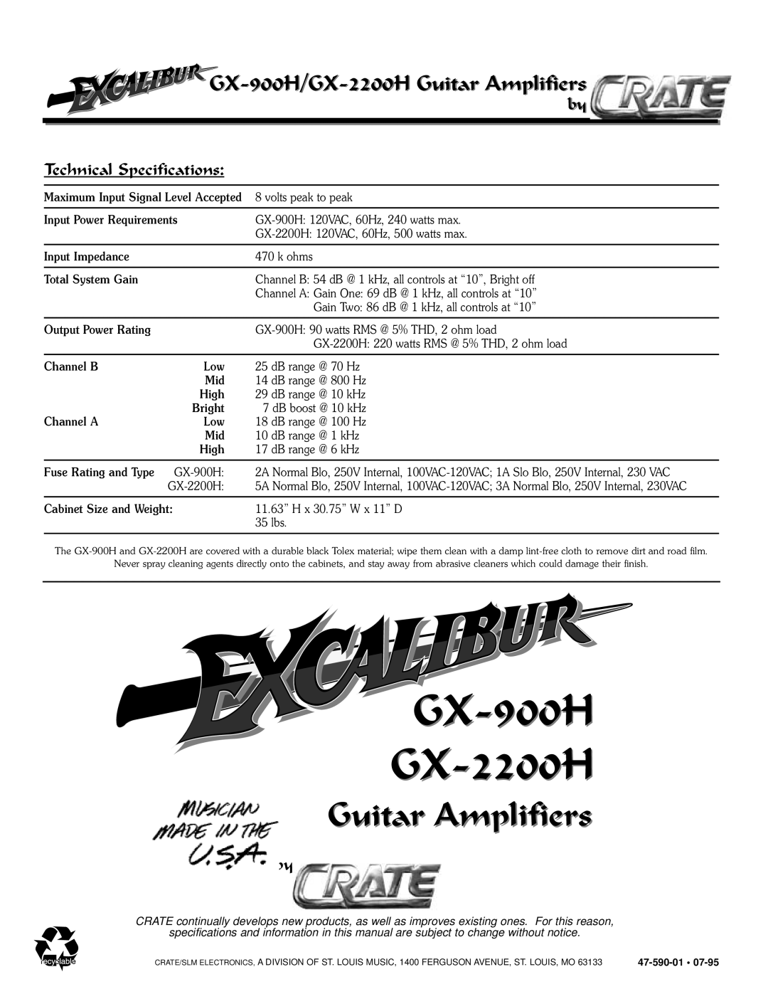 Crate Amplifiers GX-2200H, GX-900H owner manual Technical Specifications 