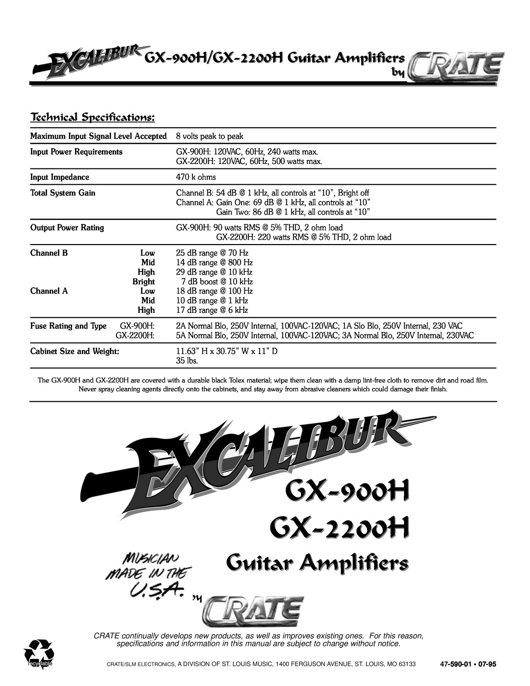 Crate Amplifiers owner manual by Technical Specifications, GX-900H GX-2200H, GX-900H/GX-2200H Guitar Amplifiers 
