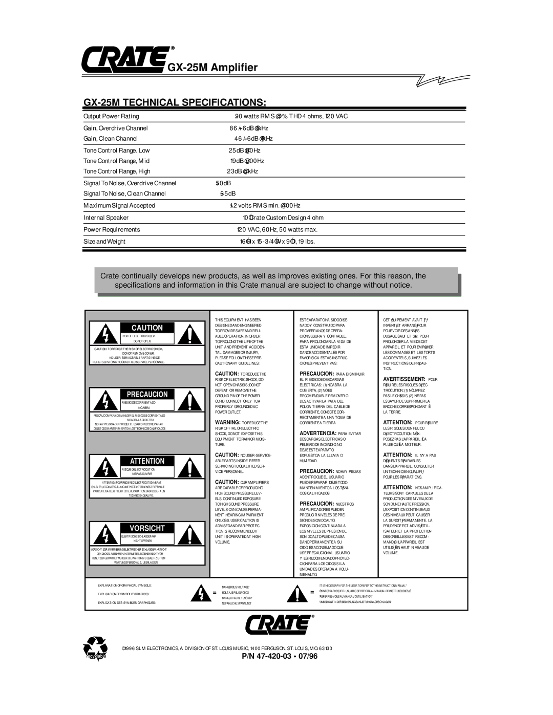 Crate Amplifiers owner manual GX-25M Technical Specifications, Precaucion 