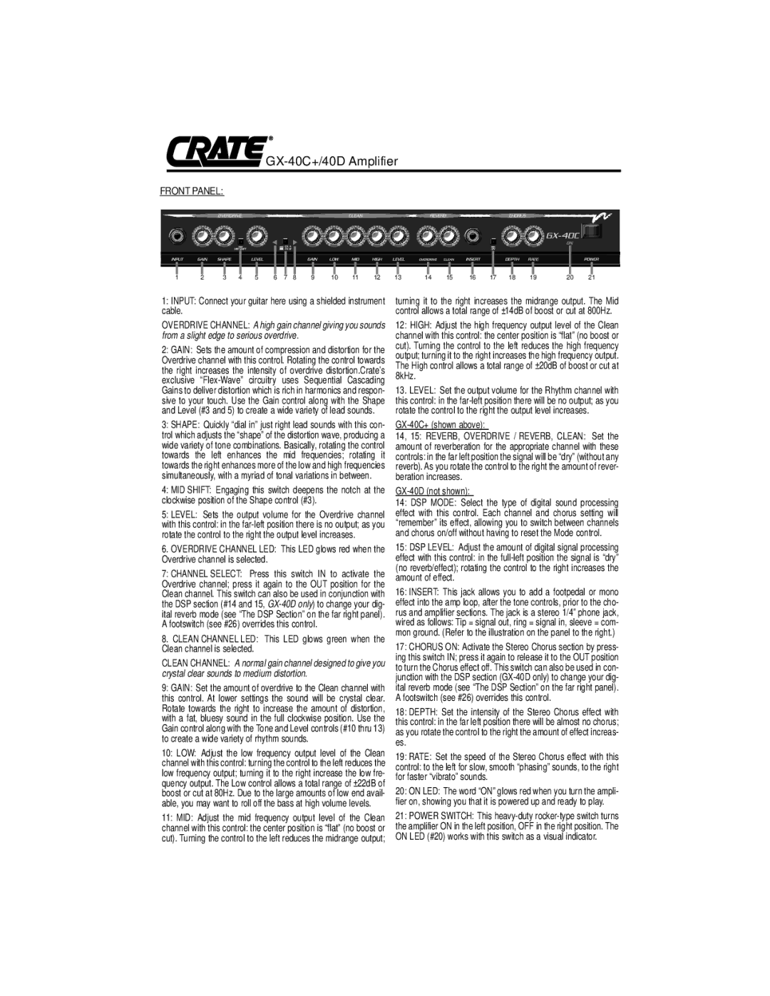 Crate Amplifiers owner manual Front Panel, GX-40C+ shown above, GX-40D not shown 