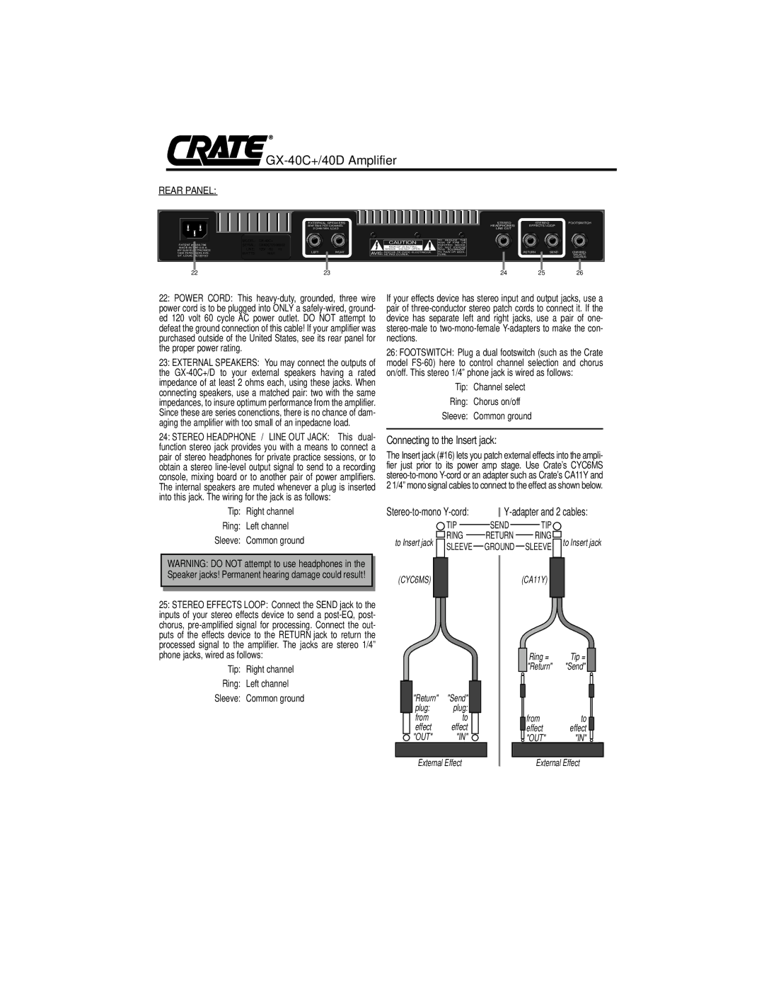 Crate Amplifiers GX-40D Rear Panel, Tip Right channel, Tip Channel select Ring Chorus on/off Sleeve Common ground 