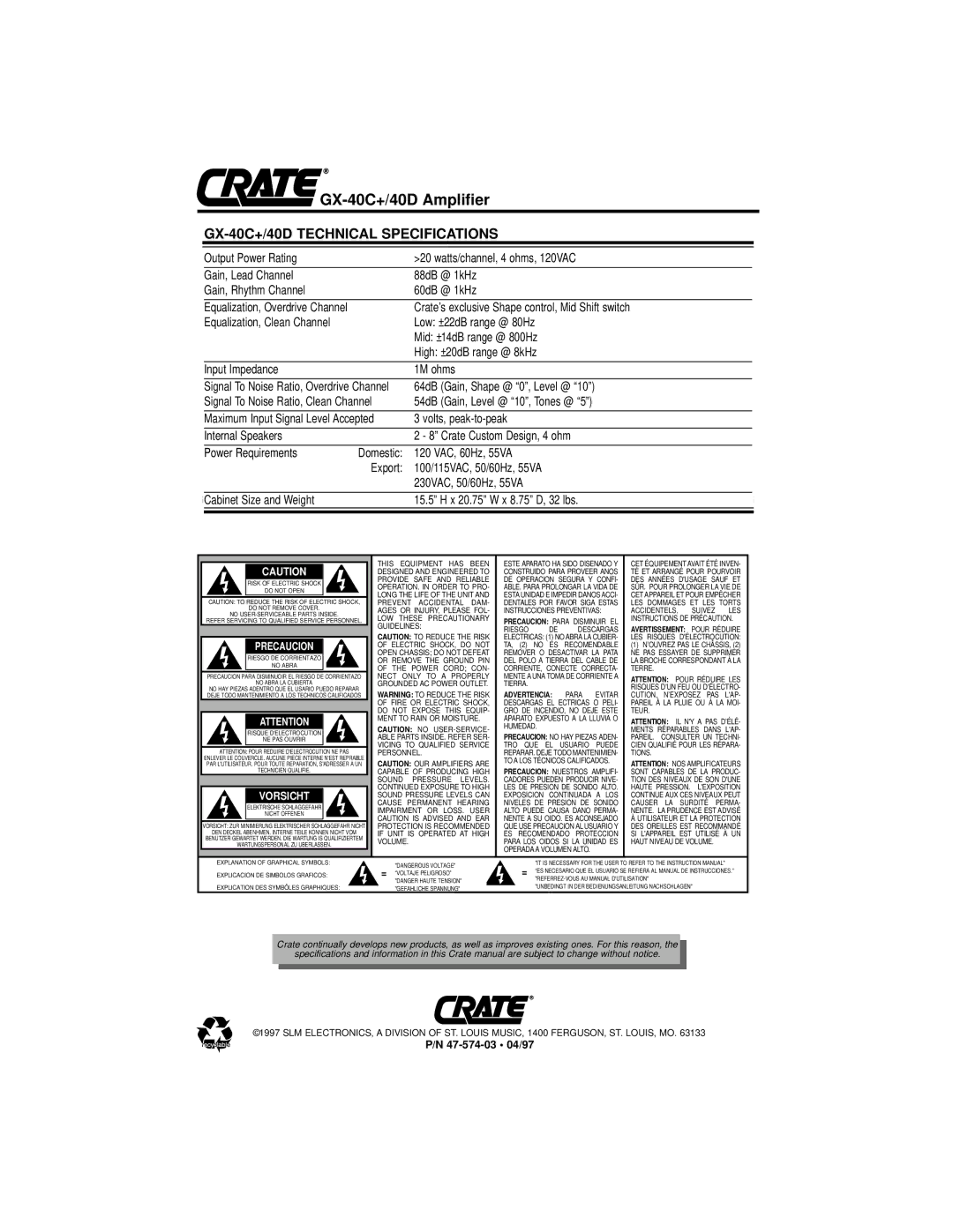 Crate Amplifiers GX-40D owner manual GX-40C+/40D Technical Specifications, Precaucion 