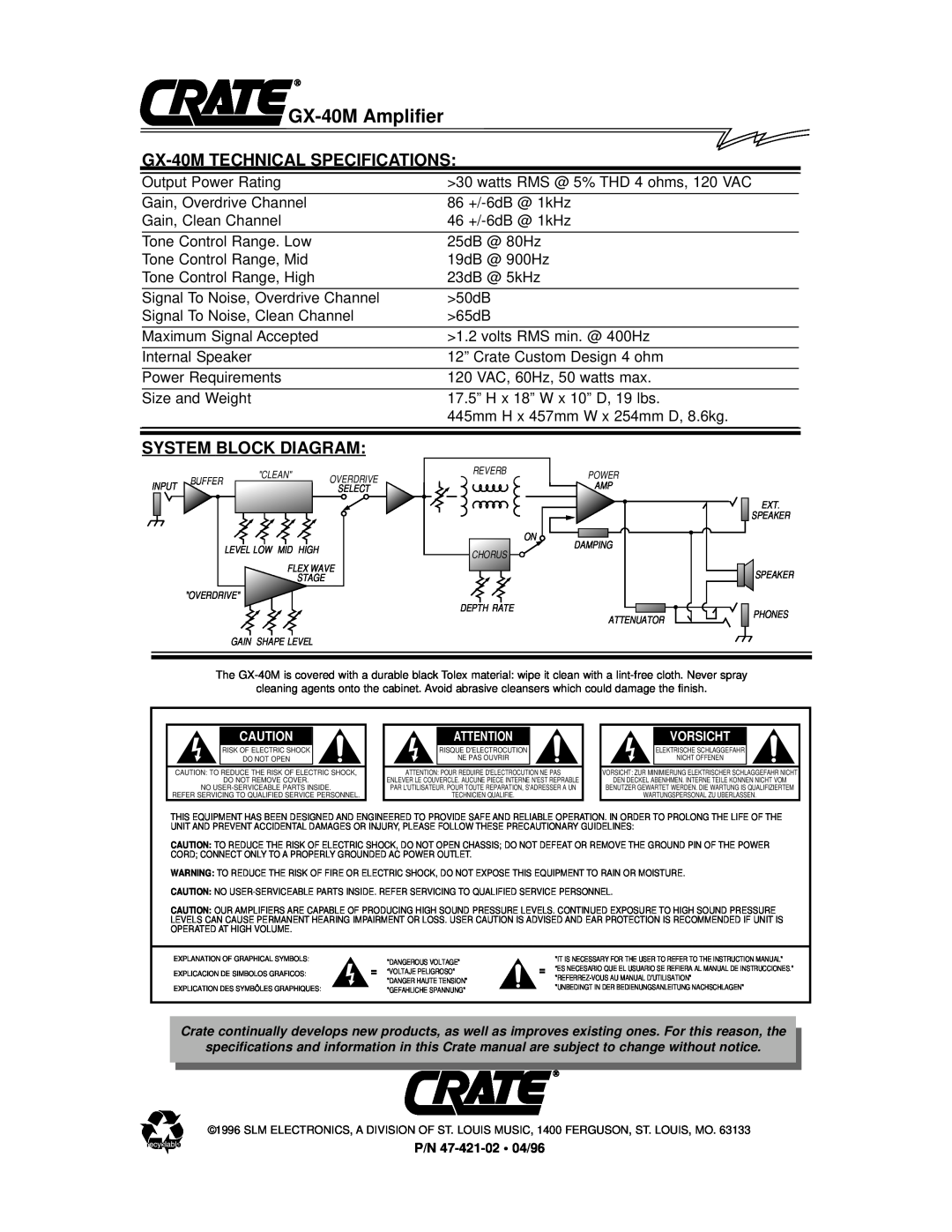 Crate Amplifiers owner manual GX-40M TECHNICAL SPECIFICATIONS, System Block Diagram 