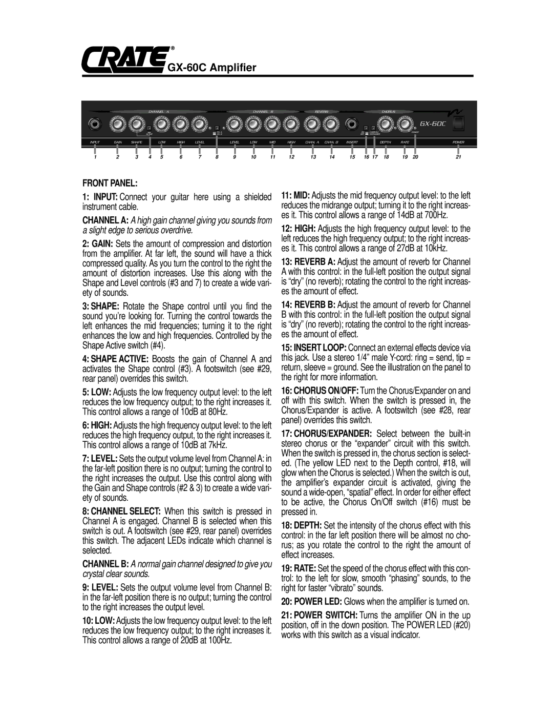 Crate Amplifiers GX-60C owner manual Front Panel, Rate Set the speed of the chorus effect with this con 