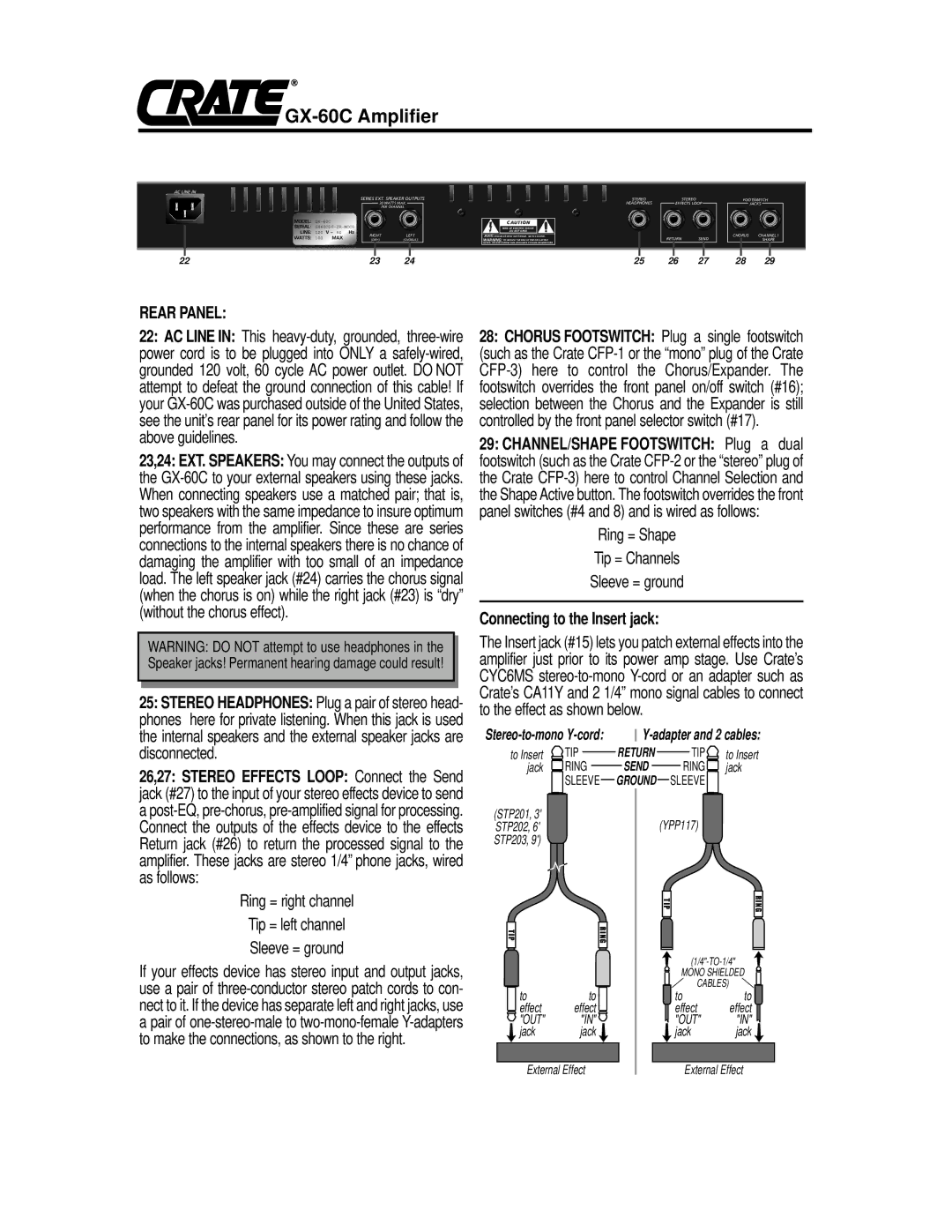 Crate Amplifiers GX-60C owner manual Rear Panel, Ring = right channel, Ring = Shape Tip = Channels Sleeve = ground 