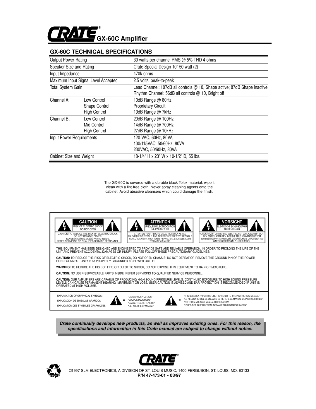 Crate Amplifiers owner manual GX-60C Technical Specifications, Vorsicht 