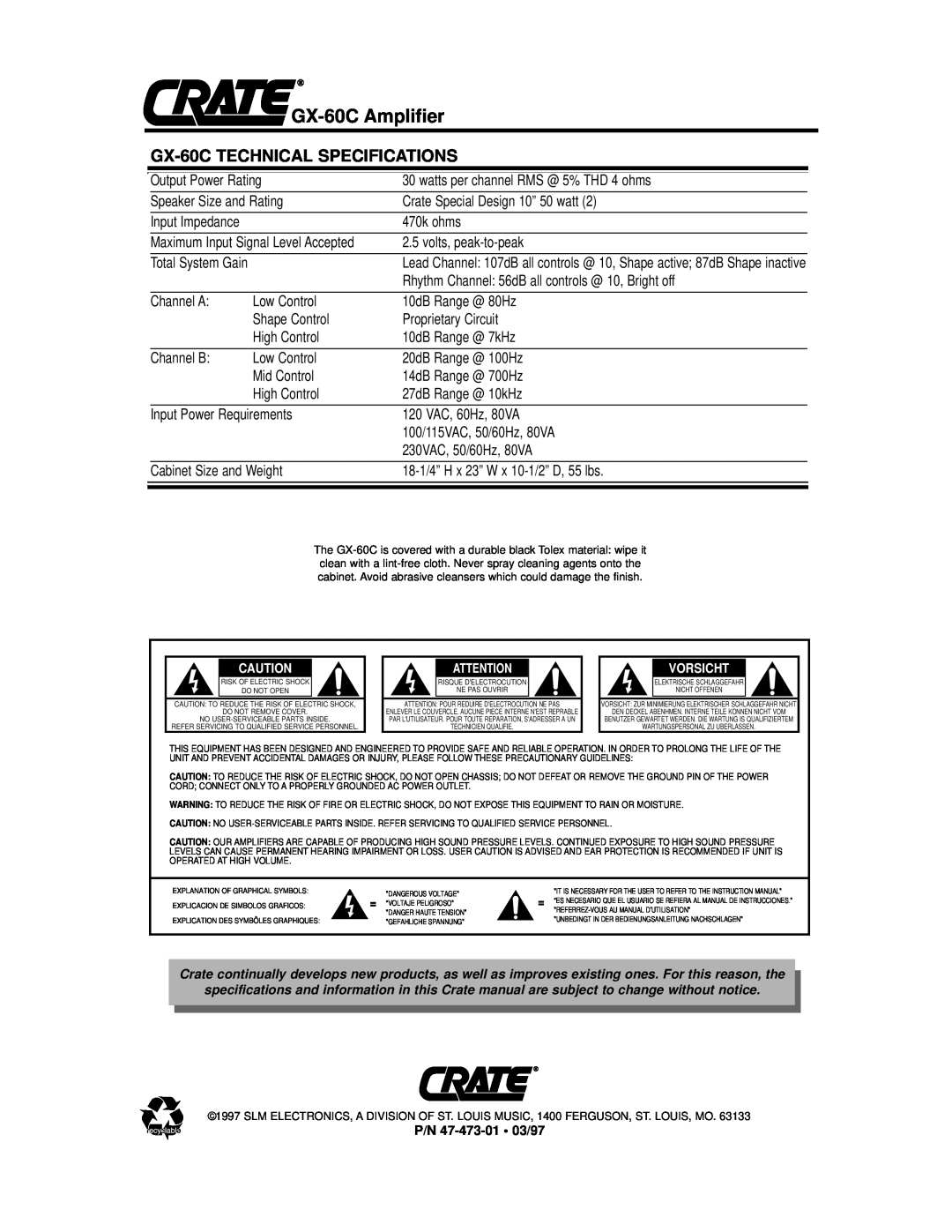 Crate Amplifiers owner manual GX-60CTECHNICAL SPECIFICATIONS, GX-60CAmplifier 