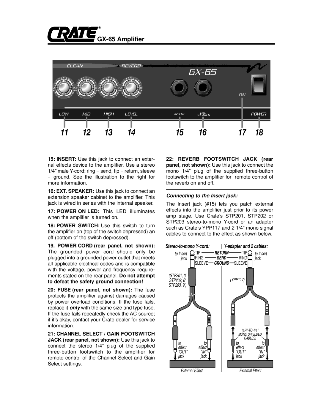 Crate Amplifiers GX-65 owner manual Connecting to the Insert jack 