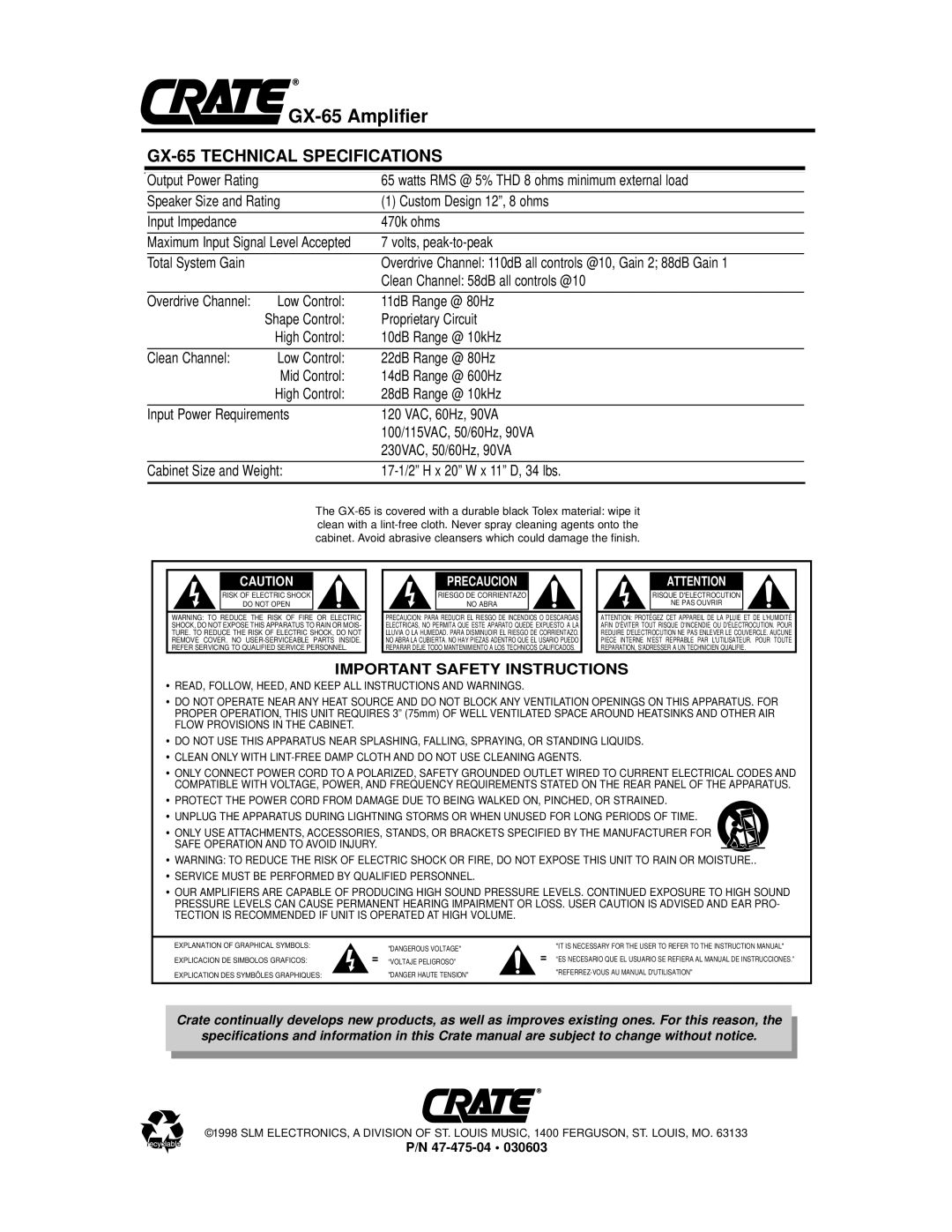 Crate Amplifiers owner manual GX-65 Technical Specifications 