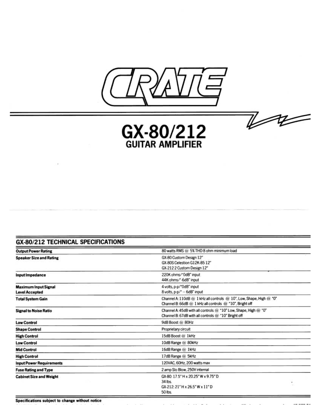Crate Amplifiers GX-80 manual 
