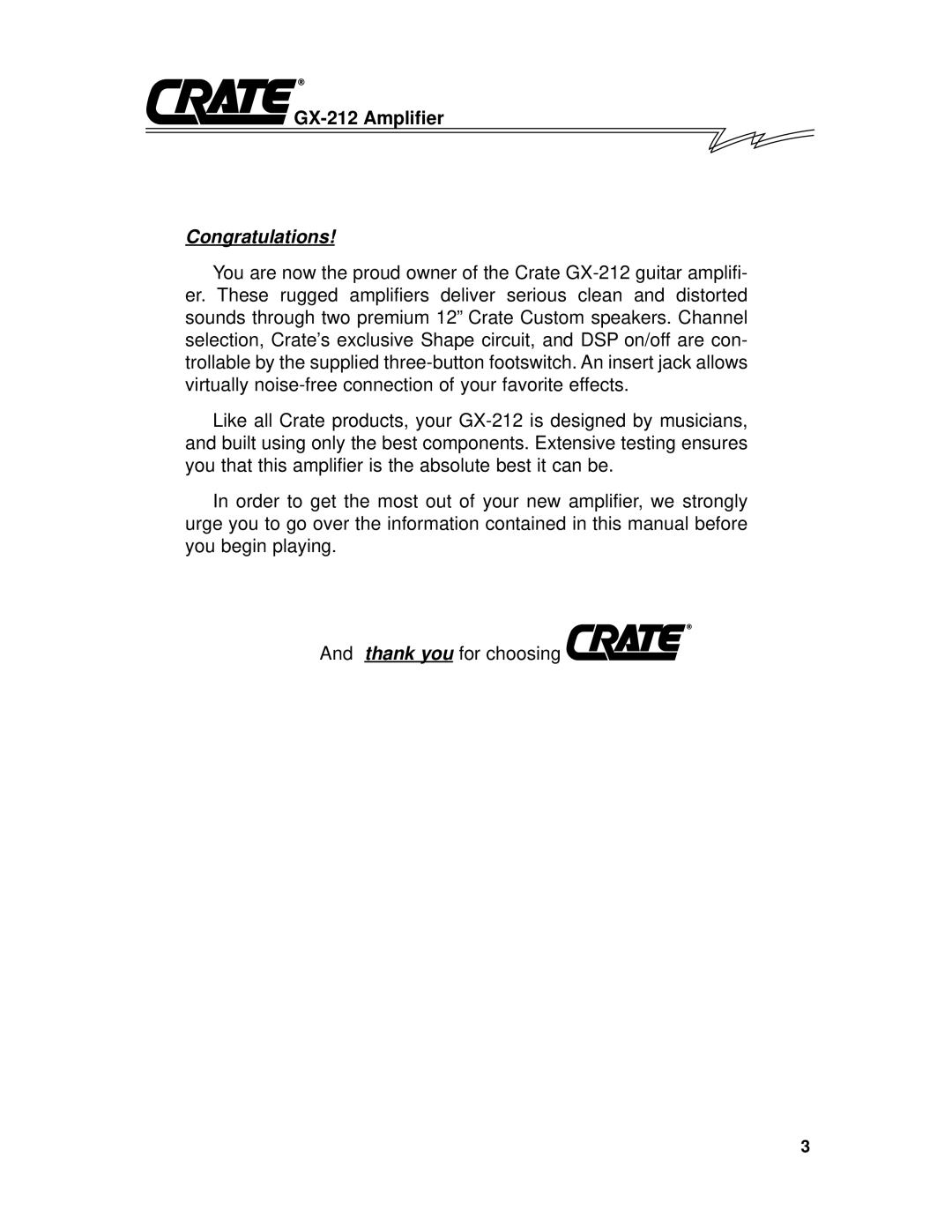 Crate Amplifiers GX212 owner manual Congratulations 