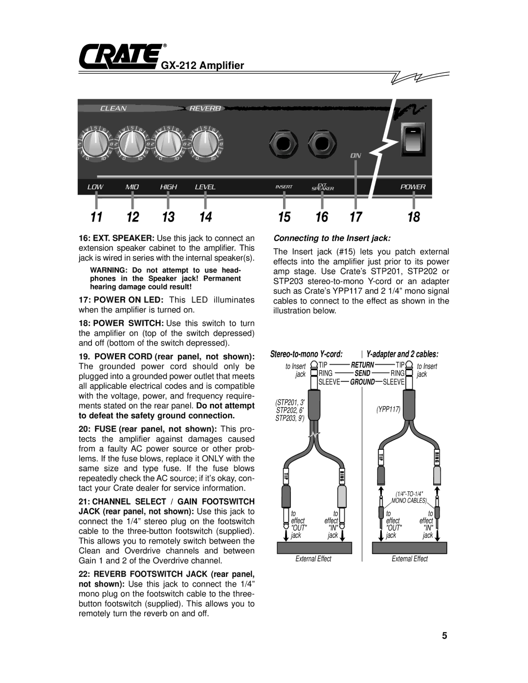 Crate Amplifiers GX212 owner manual Connecting to the Insert jack 