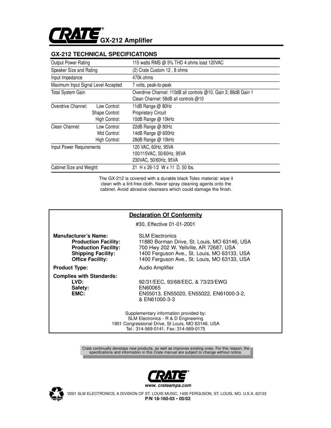 Crate Amplifiers GX212 owner manual GX-212 Technical Specifications, Lvd, Emc 