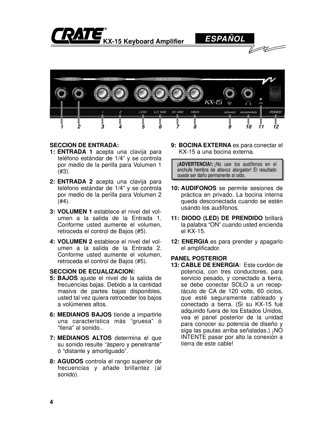 Crate Amplifiers KX-15 owner manual Españ OL, Seccion DE Entrada, Seccion DE Ecualizacion, Panel Posterior 