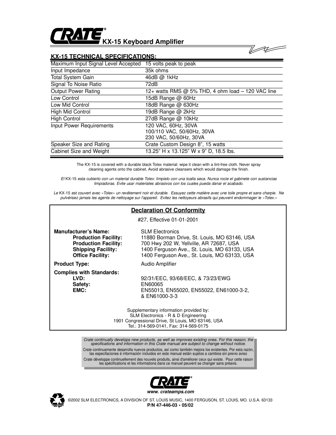 Crate Amplifiers owner manual KX-15 Technical Specifications, Lvd, Emc 